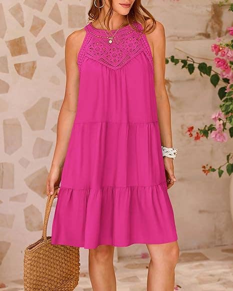 Lace Crochet Sleeveless A Line Mini Dress Casual Summer: Navy Blue / 95% Polyester+5% Spandex / S