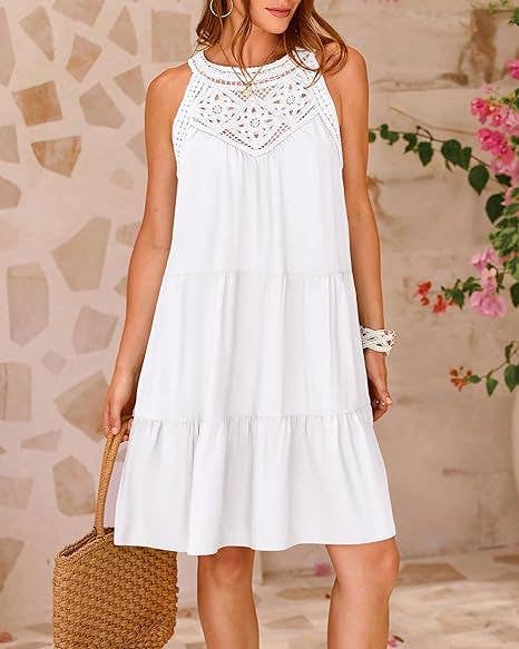 Lace Crochet Sleeveless A Line Mini Dress Casual Summer: White / 95% Polyester+5% Spandex / 2XL
