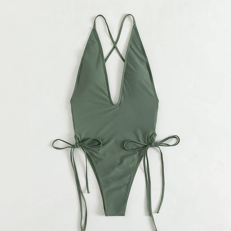 Ladies Solid Color Halter Neck Bikini Set RFD2109: Army / L
