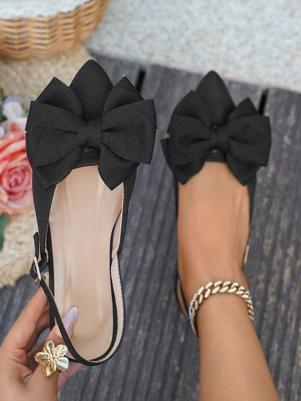 Women’s Bow Slingback Flats Elegant Pointed Toe Sandals: Black / 38