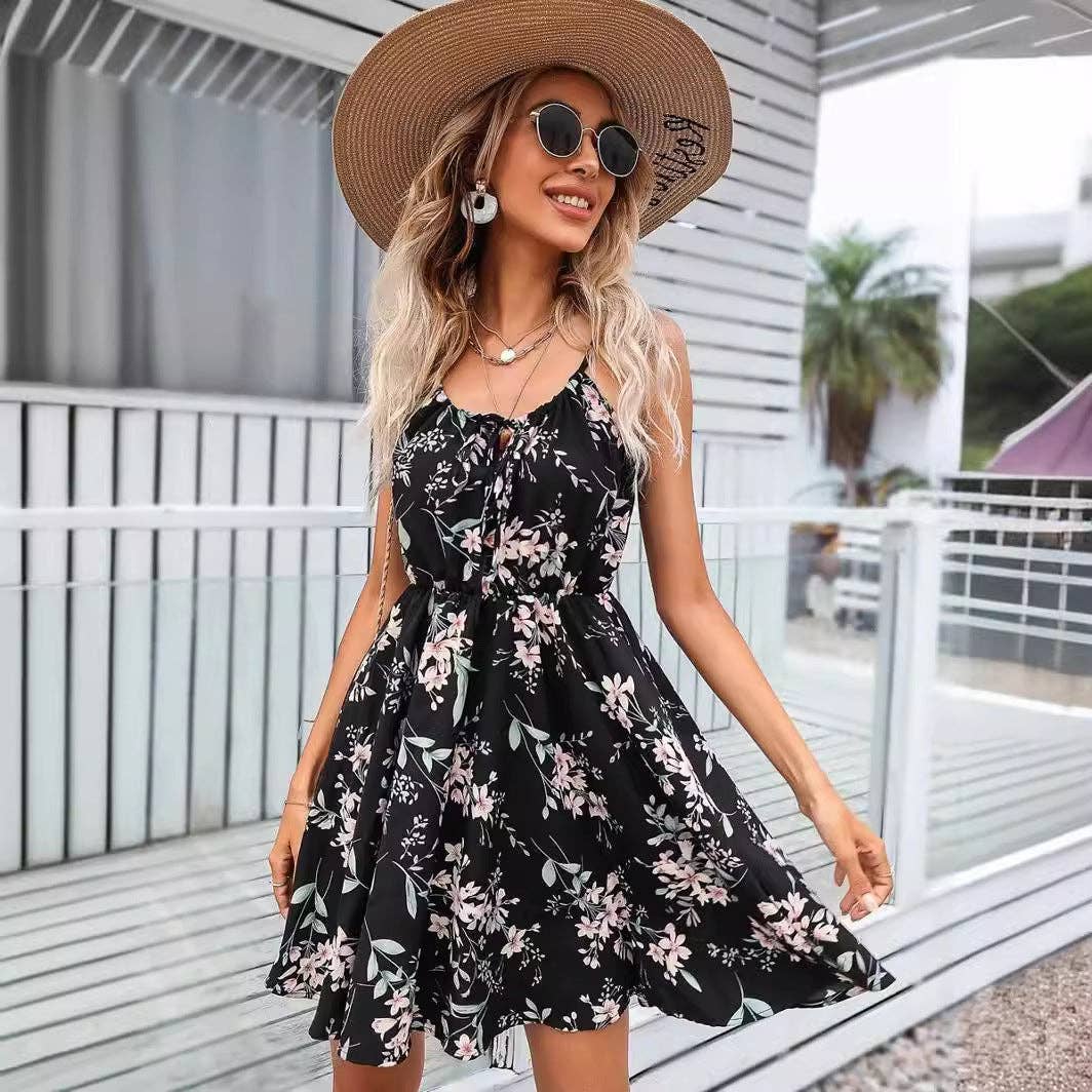 Elegant Sleeveless Pullover Spaghetti Strap Short Skirt: Black / S