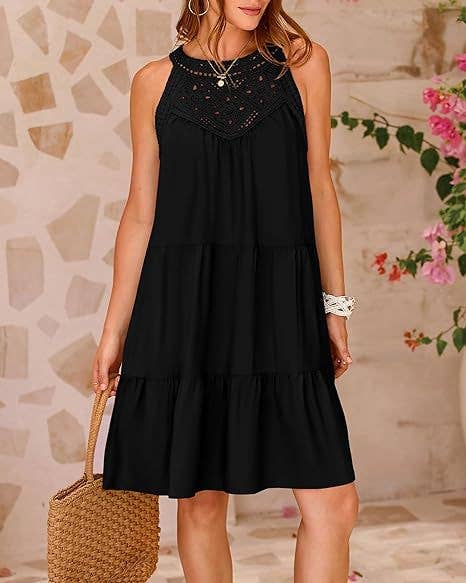 Lace Crochet Sleeveless A Line Mini Dress Casual Summer: White / 95% Polyester+5% Spandex / S