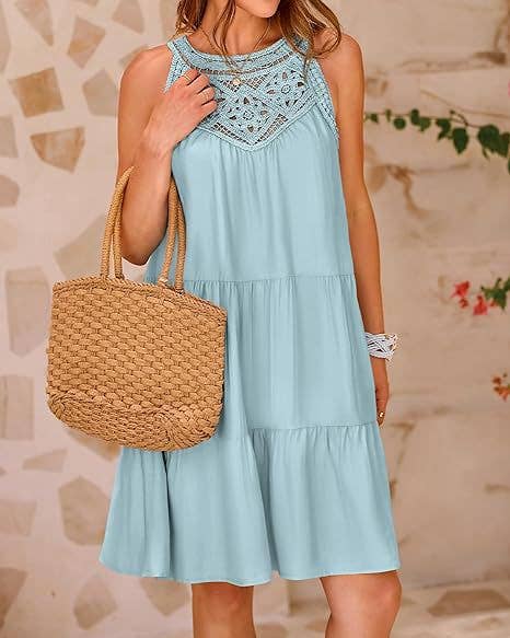 Lace Crochet Sleeveless A Line Mini Dress Casual Summer: Navy Blue / 95% Polyester+5% Spandex / L