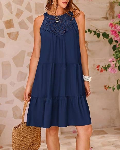 Lace Crochet Sleeveless A Line Mini Dress Casual Summer: Navy Blue / 95% Polyester+5% Spandex / XL