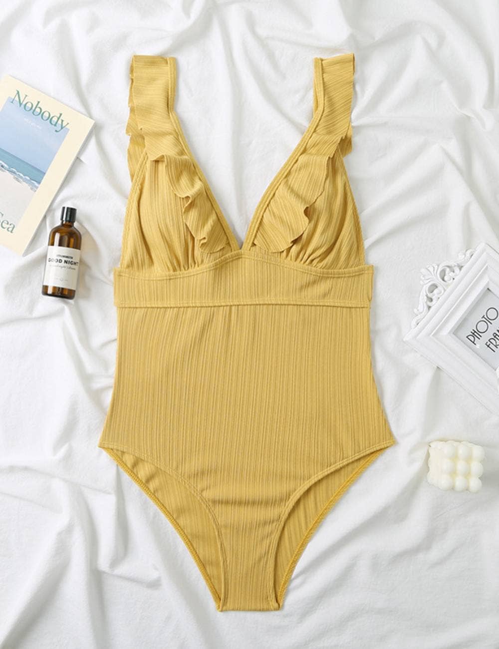 Ladies Rib Ruffle Neck One Piece Swimwear SKSW40079: Black / L