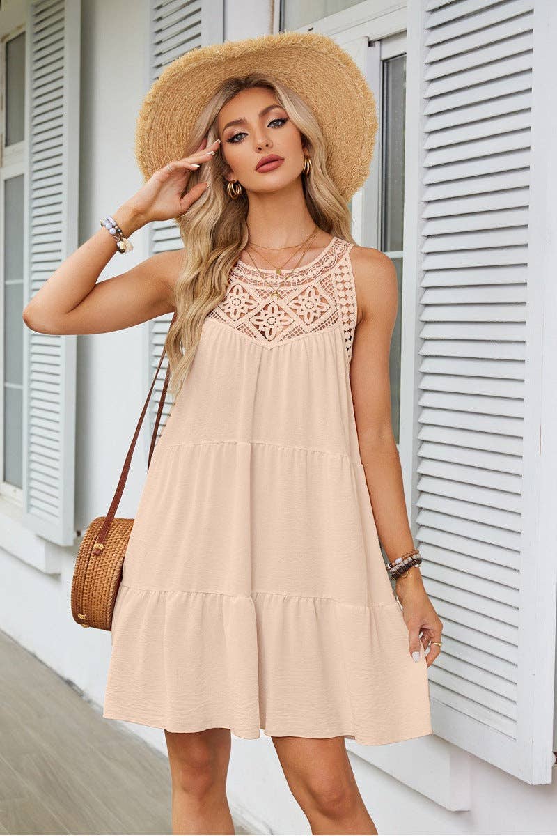 Lace Crochet Sleeveless A Line Mini Dress Casual Summer: Navy Blue / 95% Polyester+5% Spandex / L