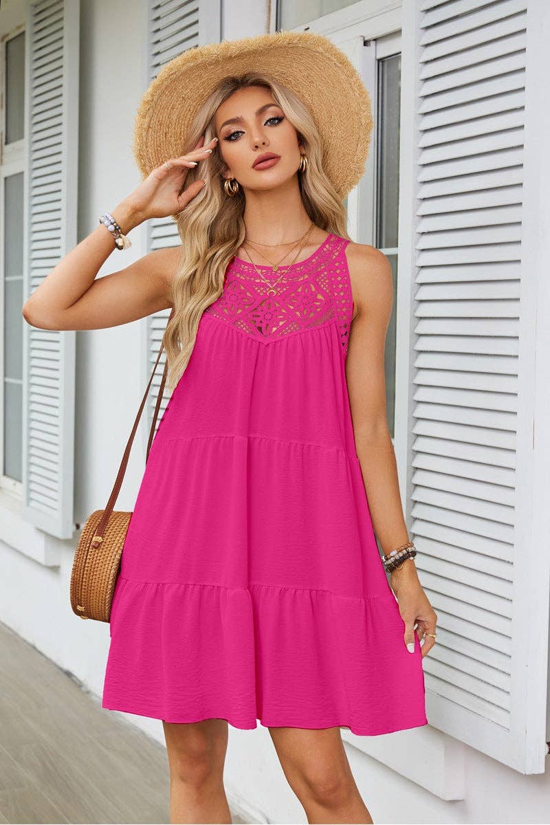 Lace Crochet Sleeveless A Line Mini Dress Casual Summer: Navy Blue / 95% Polyester+5% Spandex / L