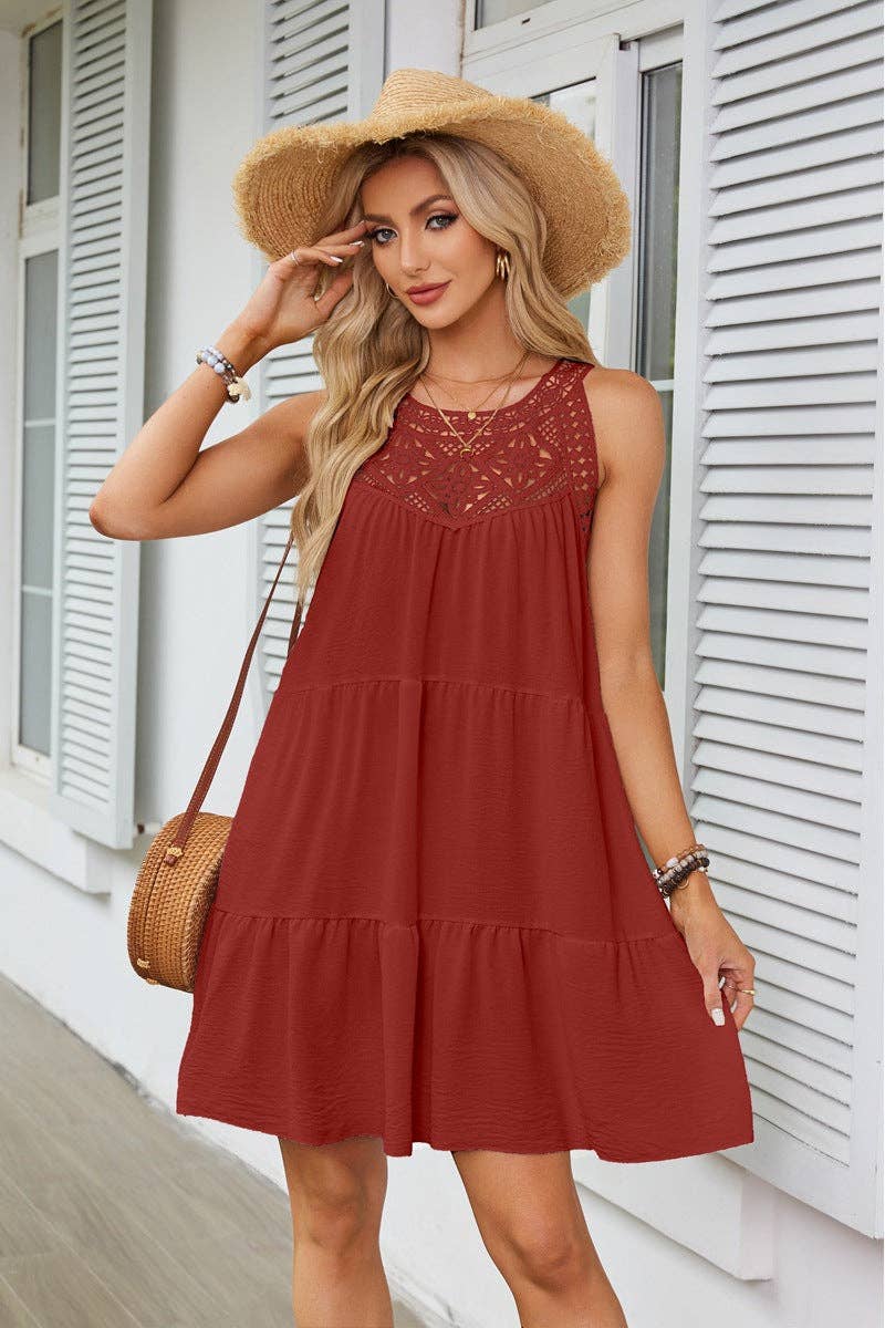 Lace Crochet Sleeveless A Line Mini Dress Casual Summer: Navy Blue / 95% Polyester+5% Spandex / M