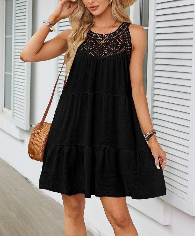 Lace Crochet Sleeveless A Line Mini Dress Casual Summer: Navy Blue / 95% Polyester+5% Spandex / S