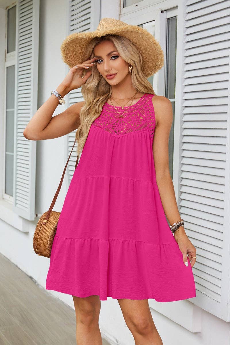 Lace Crochet Sleeveless A Line Mini Dress Casual Summer: White / 95% Polyester+5% Spandex / M