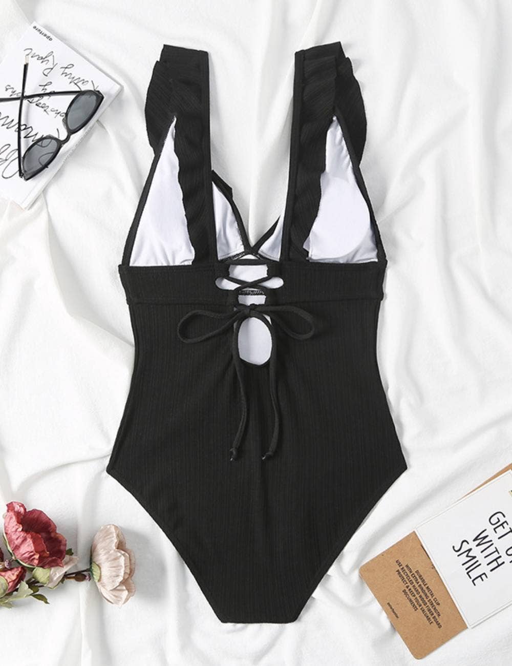Ladies Rib Ruffle Neck One Piece Swimwear SKSW40079: Black / M