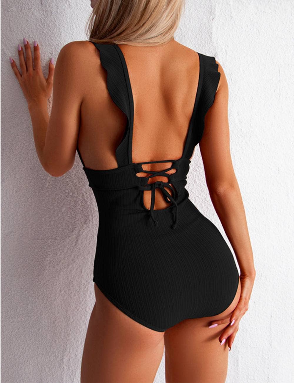 Ladies Rib Ruffle Neck One Piece Swimwear SKSW40079: Black / L